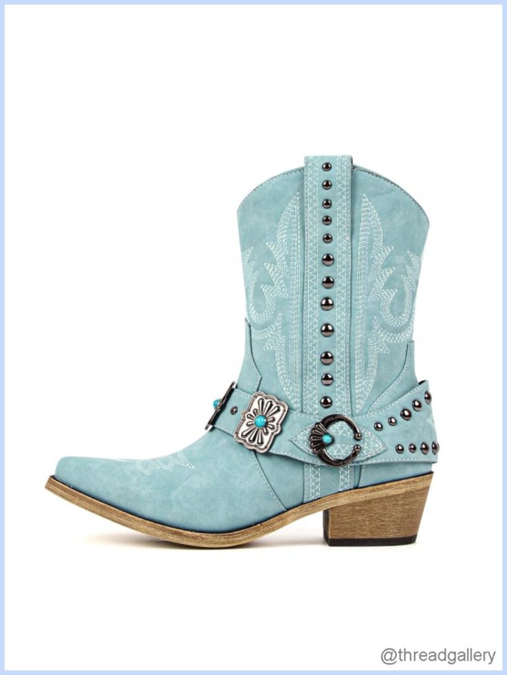 Pointed Toe Ankle Western Boots Embroidery Studded Harness Faux Leather